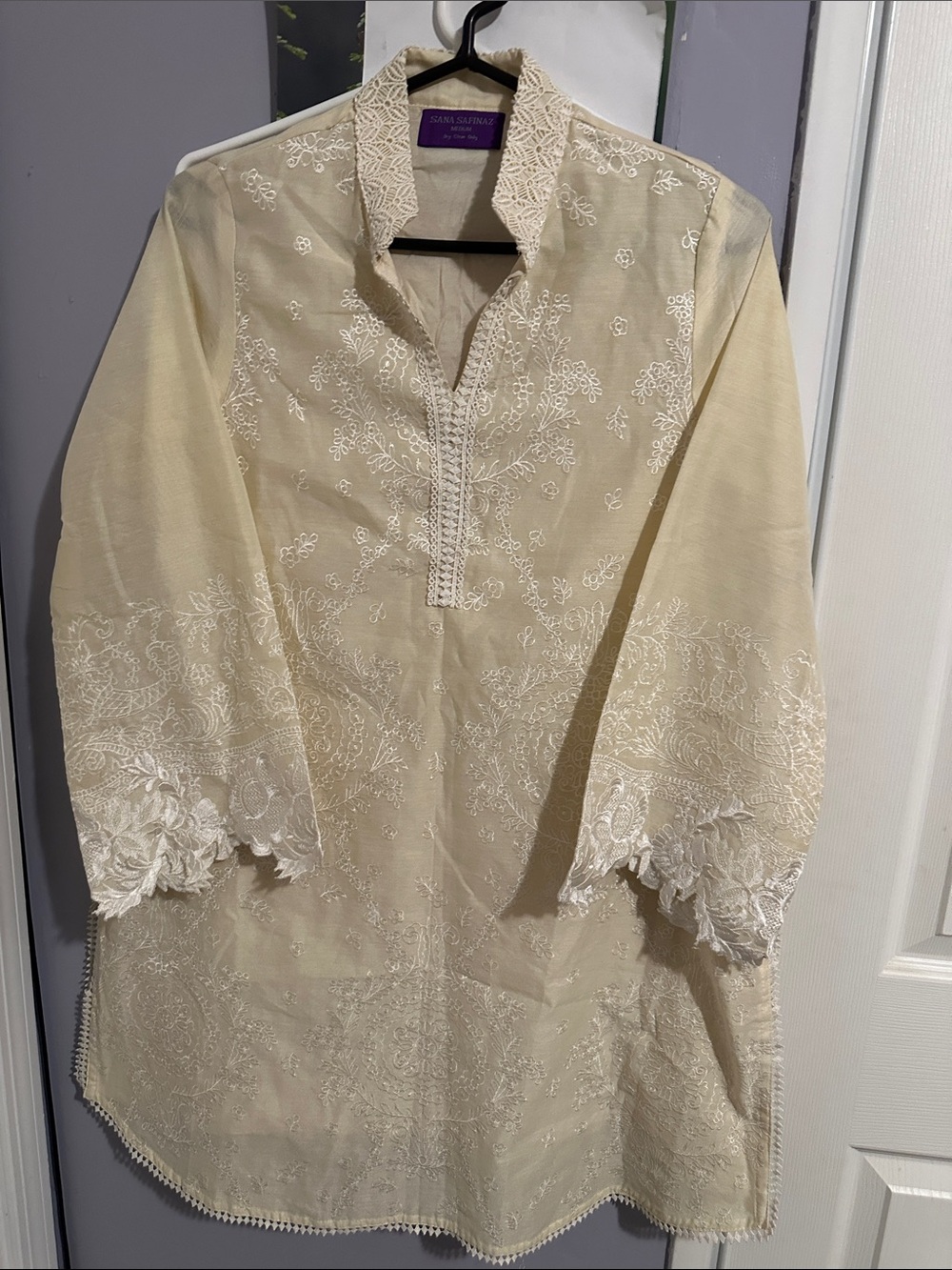 Women's Long-Sleeve Embroidered Cream Tunic Dress